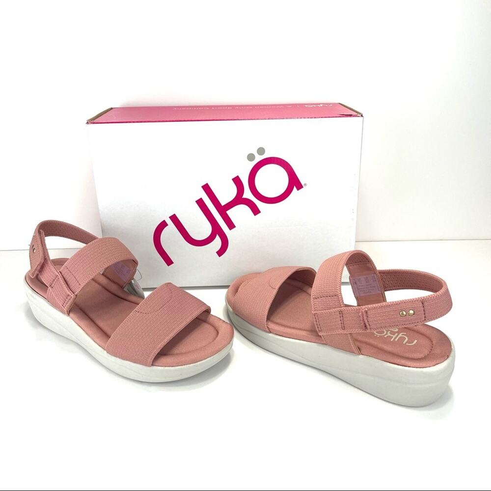 Ryka Azara Knit Sandal Size 8.5 Rose/Tan Platform Wedge Lightweight Open Toe New